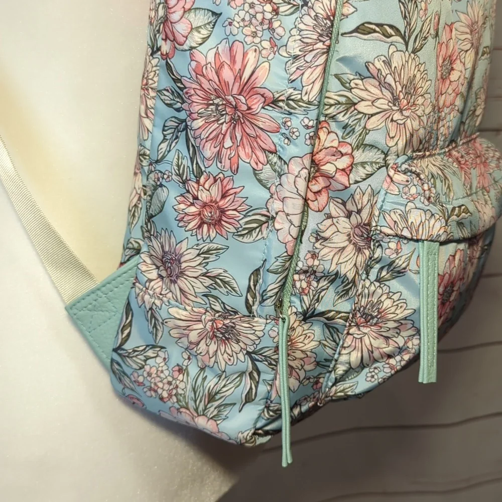 Chrysanthemum Floral Teal and Pink Women's Backpack Purse Satin Feminine Girly‎